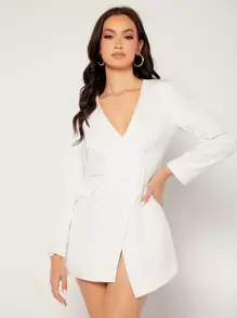 SHEIN Privé Solid Wrap Blazer Dress - White - View 2