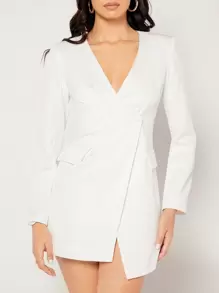 SHEIN Privé Solid Wrap Blazer Dress - White - View 4