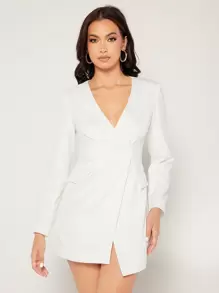 SHEIN Privé Solid Wrap Blazer Dress - White - View 5