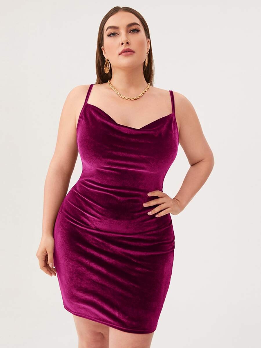 SHEIN Belle Plus Cowl Neck Velvet Bodycon Dress - Red Violet - View 1