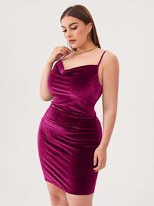 SHEIN Belle Plus Cowl Neck Velvet Bodycon Dress - Red Violet - View 3