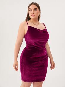 SHEIN Belle Plus Cowl Neck Velvet Bodycon Dress - Red Violet - View 4