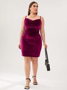 SHEIN Belle Plus Cowl Neck Velvet Bodycon Dress - Red Violet - View 5