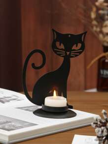 1 件派对铁艺金属猫形家居装饰烛台，纯色复古风格手工艺烛台，适合日常和万圣节使用 - 黑色 - 查看 1