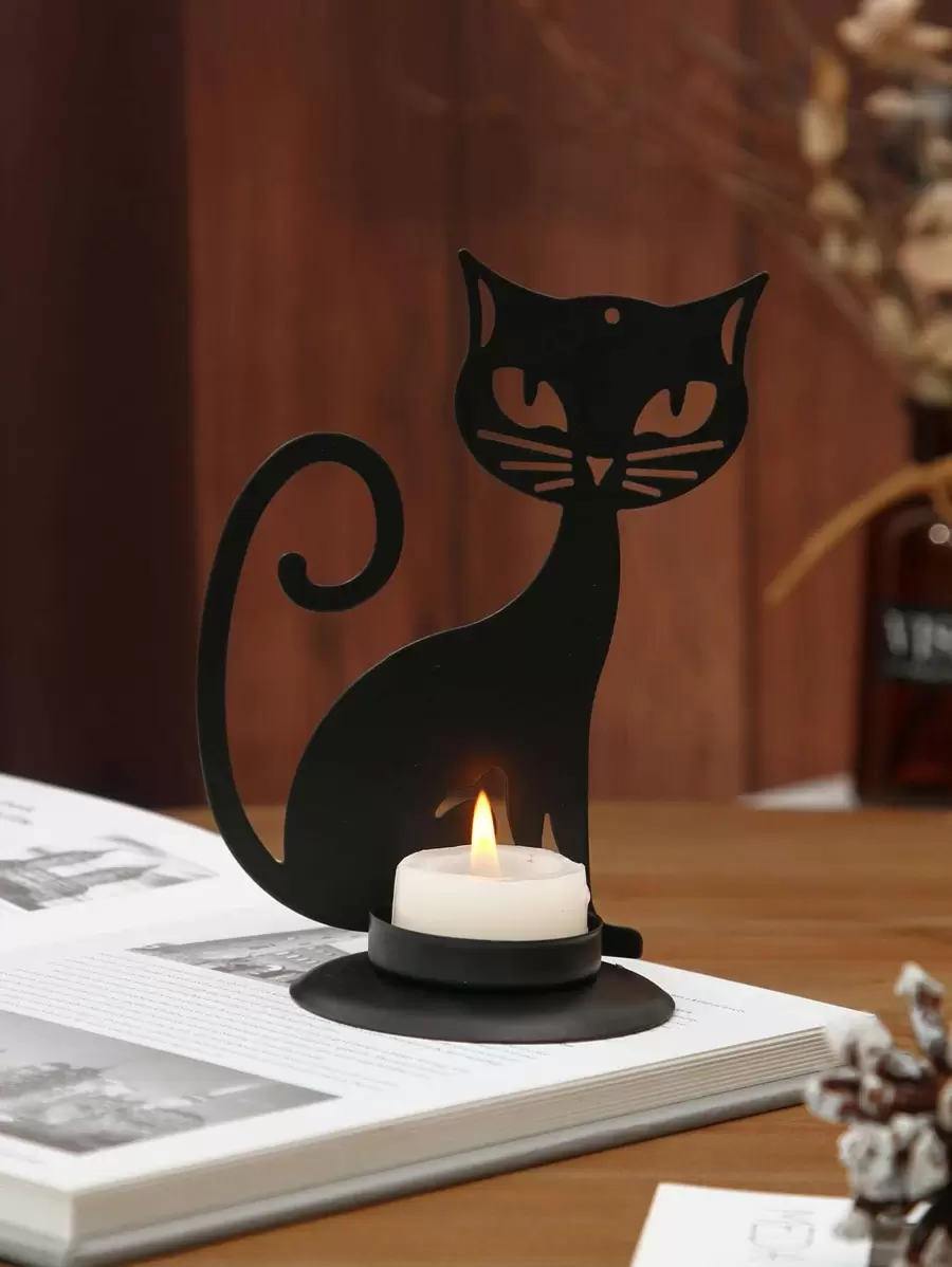 1 件派对铁艺金属猫形家居装饰烛台，纯色复古风格手工艺烛台，适合日常和万圣节使用 - 黑色 - 查看 1