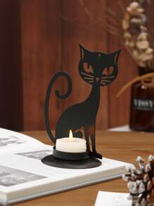 1 件派对铁艺金属猫形家居装饰烛台，纯色复古风格手工艺烛台，适合日常和万圣节使用 - 黑色 - 查看 5