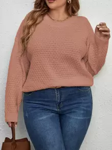 SHEIN LUNE Plus Pointelle 针织落肩套头衫，秋冬款 - 紅木色 - 查看 1