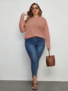 SHEIN LUNE Plus Pointelle 针织落肩套头衫，秋冬款 - 紅木色 - 查看 3