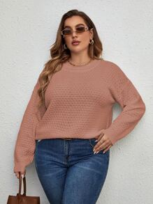 SHEIN LUNE Plus Pointelle 针织落肩套头衫，秋冬款 - 紅木色 - 查看 4