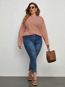 SHEIN LUNE Plus Pointelle 针织落肩套头衫，秋冬款 - 紅木色 - 查看 5