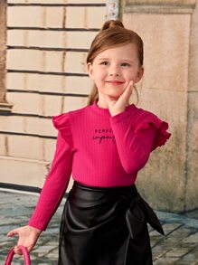 SHEIN Toddler Girls Letter Graphic Ruffle Trim Tee - Hot Pink - View 1
