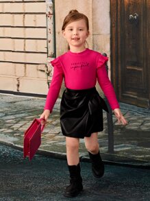 SHEIN Toddler Girls Letter Graphic Ruffle Trim Tee - Hot Pink - View 3