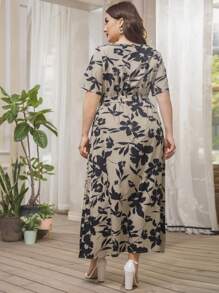 Lacomfia Plus Floral Print High Waist Belted Dress - Multicolor - View 2