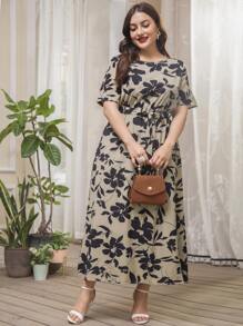 Lacomfia Plus Floral Print High Waist Belted Dress - Multicolor - View 3