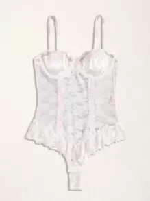 ROMWE Kawaii Floral Lace Ruffle Hem Bow Decor Teddy Bodysuit - White - View 1