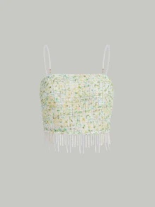 SHEIN MOD Graphic Print Pearls Fringe Hem Crop Cami Top - Mint Green - View 2