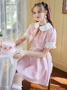ROMWE Kawaii Gingham Contrast Lace Button Dress - Pink - View 3