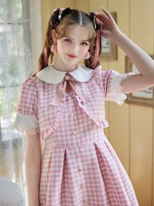 ROMWE Kawaii Gingham Contrast Lace Button Dress - Pink - View 4