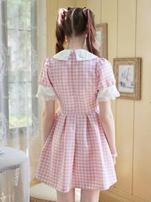 ROMWE Kawaii Gingham Contrast Lace Button Dress - Pink - View 6