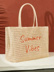 SHEIN VCAY Large Capacity Letter Graphic Straw Bag,Woven Bag,Perfect For Summer Beach Travel Vacation,For Outdoor,Holiday,Picnic, Summer Essentials, Perfect For Vacation & HolidaySchool Bag,School Handbag,Large Capacity,Portable,Classic Casual, Suitable For Teen Girls Women College Students, Perfect For Back To School,Holiday,Work , Business, Commute