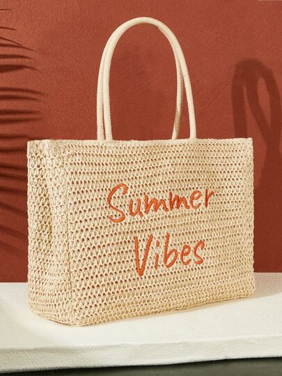 SHEIN VCAY 大容量字母图案草编包，编织包，非常适合夏季海滩旅行度假，适合户外、度假、野餐、夏季必需品，非常适合度假和假日书包，学校手提包，大容量，便携，经典休闲，适合少女女大学生，非常适合返校、度假、工作、商务、通勤