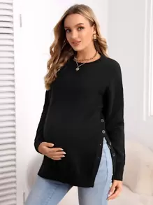 SHEIN Maternity Drop Shoulder Button Side Jumper - Black - View 1