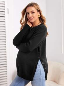 SHEIN Maternity Drop Shoulder Button Side Jumper - Black - View 4