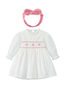 嬰兒花卉刺繡連衣裙附髮帶