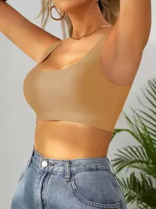 Women's Khaki Plain Square Neck Crop Top Bra With Medium Stretch For Casual Comfy Wear - Khaki - View 3