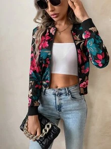 SHEIN LUNE Cazadora tipo bomber con estampado floral con cremallera corto - Negro - Ver 4