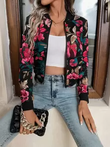 SHEIN LUNE Cazadora tipo bomber con estampado floral con cremallera corto - Negro - Ver 5