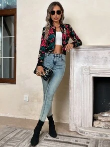 SHEIN LUNE Cazadora tipo bomber con estampado floral con cremallera corto - Negro - Ver 6