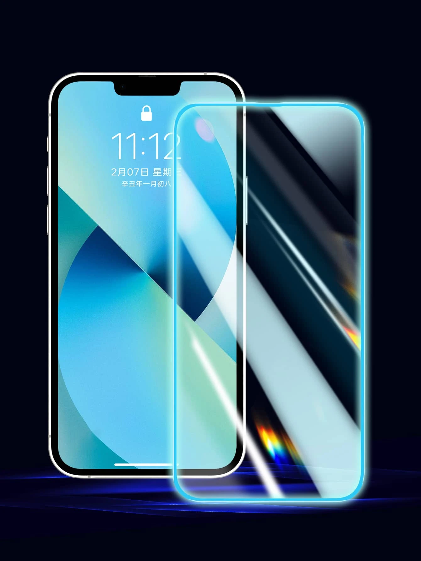1pc Blue Air Bubble Night Luminous Tempered Glass Screen Protector, Compatible With IPhone Models X/XR/13/14Pro/15/15PROMAX/16/16Pro/16Promax/16Plus Gift For Birthday, Family, Friends Phone Screen Protector, Phone Accessories Waterproof Shockproof Anti-Fall Scratch Resistant Anti-Fingerprint Full Cover - Blue - View 1