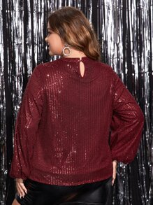 SHEIN Privé Plus Keyhole Neck Lantern Sleeve Sequin Blouse - Burgundy - View 5
