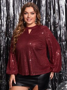 SHEIN Privé Plus Keyhole Neck Lantern Sleeve Sequin Blouse - Burgundy - View 6