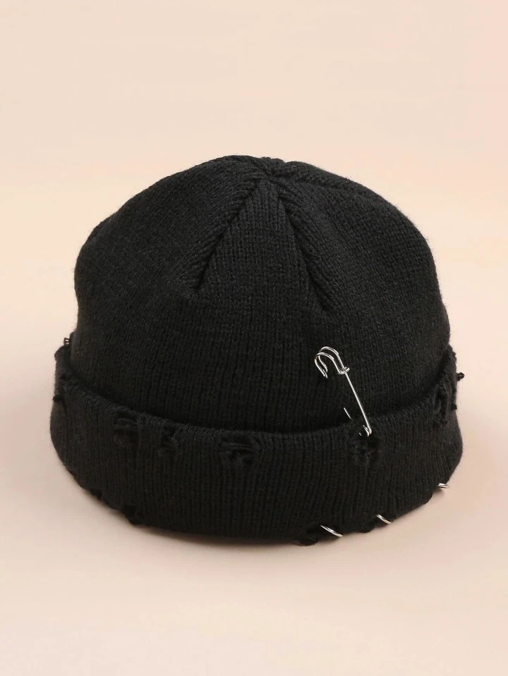 Pin Decor Ripped Cuff Beanie