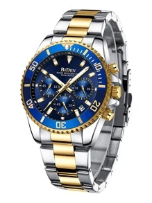 BIDEN 男士手表，男士商务手表，男士运动计时器，日历夜灯石英表，不锈钢表带防水时钟男士手表，免费链环拆卸器+盒子 - 金色 - 查看 10