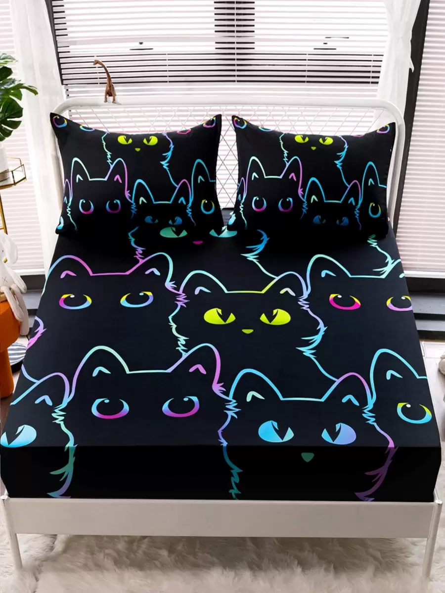 Set sábana bajera sin relleno con patrón de gato - Multicolor - Ver 1