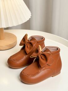 Girls Bow Decor Scallop Trim Boots - Brown - View 1