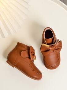 Girls Bow Decor Scallop Trim Boots - Brown - View 3