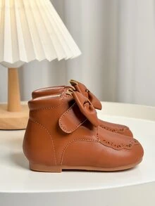 Girls Bow Decor Scallop Trim Boots - Brown - View 4