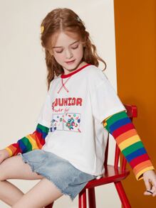 Niñas Camiseta de hombros caídos de rayas de arcoíris con estampado de letra - Blanco - Ver 1