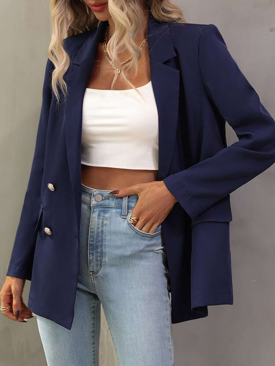 SHEIN Unity Áo khoác  âu phục nữ Nút đôi màu trơn Thanh lịch - Màu xanh hải quân - Xem 1