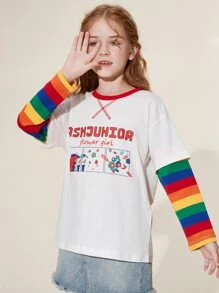 Niñas Camiseta de hombros caídos de rayas de arcoíris con estampado de letra - Blanco - Ver 3