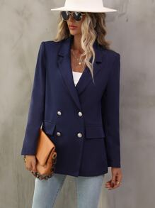 SHEIN Unity Áo khoác  âu phục nữ Nút đôi màu trơn Thanh lịch - Màu xanh hải quân - Xem 5