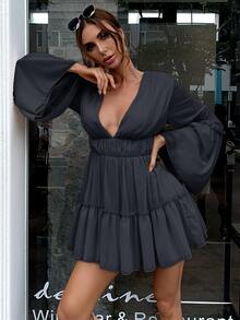 Missord Plunging Neck Frill Ruffle Hem Chiffon Dress
