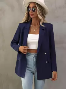 SHEIN Unity Áo khoác  âu phục nữ Nút đôi màu trơn Thanh lịch - Màu xanh hải quân - Xem 6