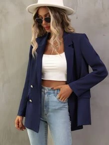 SHEIN Unity Áo khoác  âu phục nữ Nút đôi màu trơn Thanh lịch - Màu xanh hải quân - Xem 7