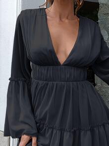 Missord Plunging Neck Frill Ruffle Hem Chiffon Dress