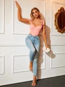 PARTHEA Tie Shoulder Asymmetrical Hem Corset Cami Top - Baby Pink - View 3